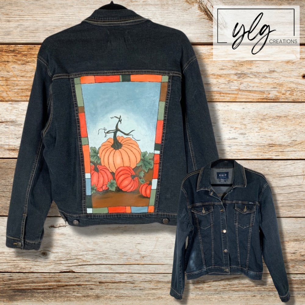 Autumn Denim Trucker Jacket Painted Pumpkins Statement Country Girl Women’s